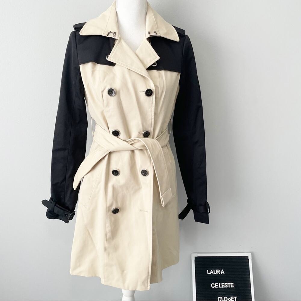 New York & Company tan black trench coat jacket tie waist button down size small
